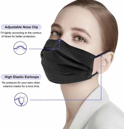 Indiana as offered by nature Non-Woven Fabric 3 Ply Mask With Nose Pin Black, Ultrasonic Soft Loops Pack of 100), Unisex : Amazon.in: Health & Personal Care