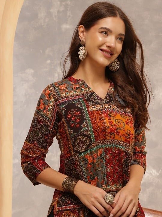 Buy BELLATELA BT Women's Short Kurti in TopsTunic Rayon Cotton Blend | Ladies Ethnic Tunic (in, Alpha, M, Regular, Slim Girls, Kesar-Multicolor) at Amazon.in