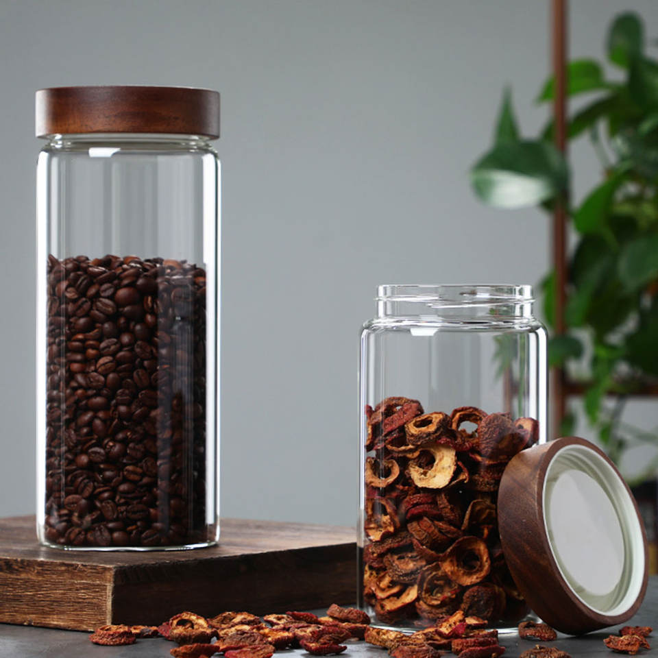 Quality Round Shape Borosilicate Airtight Glass Storage Jar with Screw Wood Lid Glass Jar
