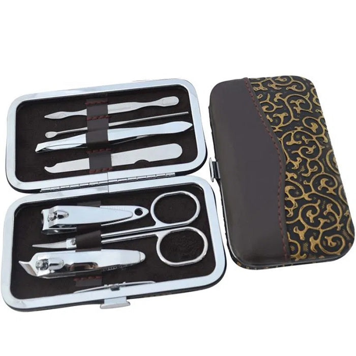 7 Pcs Stainless Steel Nail Tools Set – Professional Manicure & Pedicure Kit with Leather Case (Random Prints)