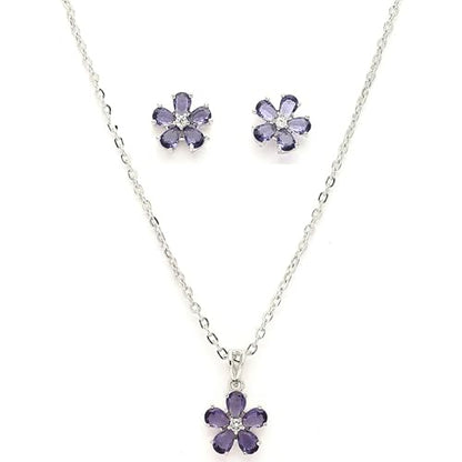 Buy ZENEME Rhodium Plated Silver Toned American Diamond Studded Floral Shaped Pendant Chain With Earrings Jewellery Set For Women And Girls (Purple) at Amazon.in