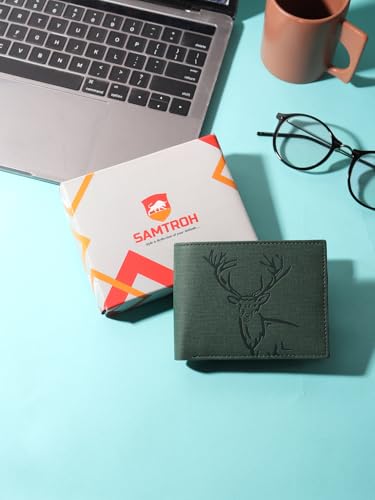 Buy SAMTROH Vegan Leather Wallet for Men | Vintage Printed | Premium Vegan Leather Craftsmanship | 3 Card Slots I 2 Cash Compartments & Secret Slots | 1 CoinPocket (Deer, Green) at Amazon.in