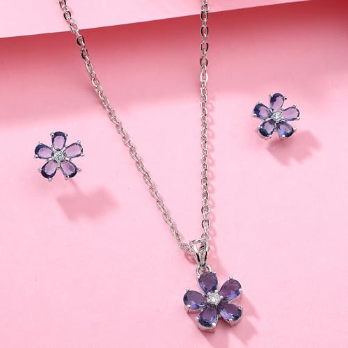 Buy ZENEME Rhodium Plated Silver Toned American Diamond Studded Floral Shaped Pendant Chain With Earrings Jewellery Set For Women And Girls (Purple) at Amazon.in