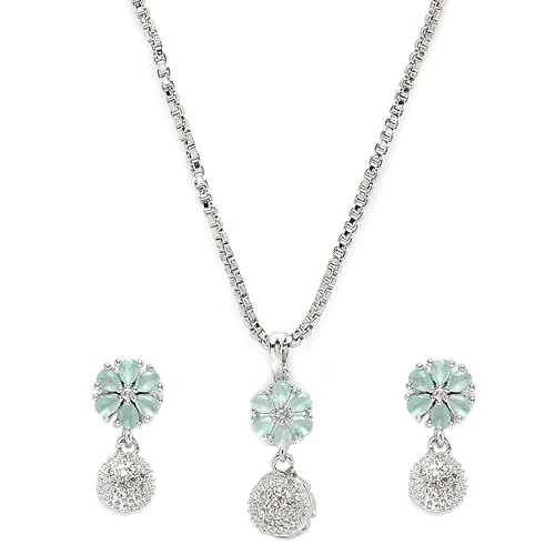 Buy ZENEME Womens Rhodium-Plated Silver Toned Green Cubic Zirconia Studded Floral Shaped Cute Pendant With Earrings Jewellery at Amazon.in