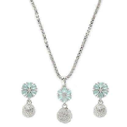 Buy ZENEME Womens Rhodium-Plated Silver Toned Green Cubic Zirconia Studded Floral Shaped Cute Pendant With Earrings Jewellery at Amazon.in