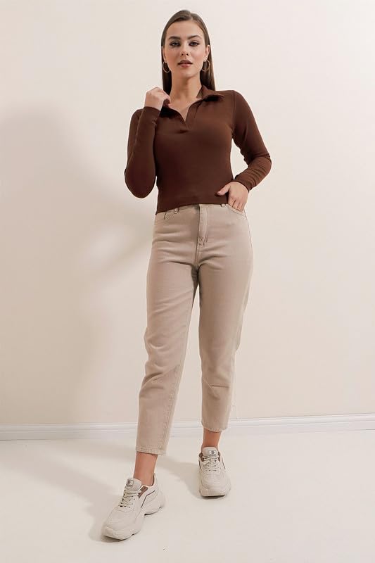 Dream Beauty Fashion Women's Polyester Collared Neck Long Sleeve Slim Fit Casual Tee Top, 23" Inches (Apple-01-Coffe Brown-Xl) : Amazon.in: Clothing & Accessories