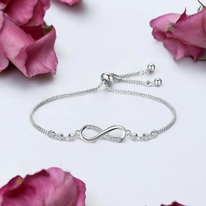 Buy Nilu's Collection Infinity Shape Cubic Zirconia Diamond Bracelet for Women, Jewelry for Gift, Adjustable Charm Bracelet (Silver) at Amazon.in