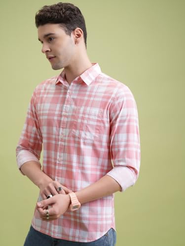 Highlander Men Cotton Slim Fit Shirt (PHSH000014_LT Pink/White L) : Amazon.in: Clothing & Accessories