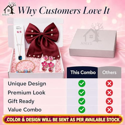 Buy 5 Pcs Trendy Hair Accessories & Jewelry Gift Set for Girls & Women, Hair Bow, Jewellery Set, Pendant Necklace with Earrings, Flower Hair Pins, Charm Bracelet, White Gift Box Included, Random Designs as per Latest Trend at Amazon.in