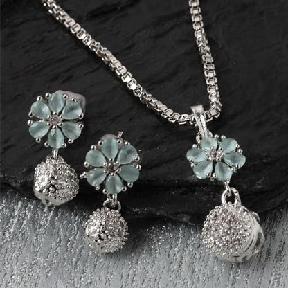 Buy ZENEME Womens Rhodium-Plated Silver Toned Green Cubic Zirconia Studded Floral Shaped Cute Pendant With Earrings Jewellery at Amazon.in