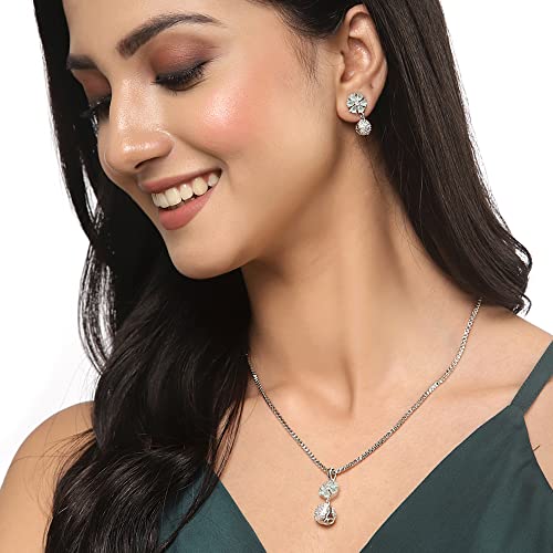 Buy ZENEME Womens Rhodium-Plated Silver Toned Green Cubic Zirconia Studded Floral Shaped Cute Pendant With Earrings Jewellery at Amazon.in