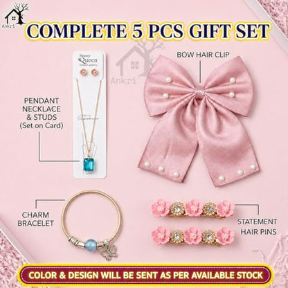 Buy 5 Pcs Trendy Hair Accessories & Jewelry Gift Set for Girls & Women, Hair Bow, Jewellery Set, Pendant Necklace with Earrings, Flower Hair Pins, Charm Bracelet, White Gift Box Included, Random Designs as per Latest Trend at Amazon.in