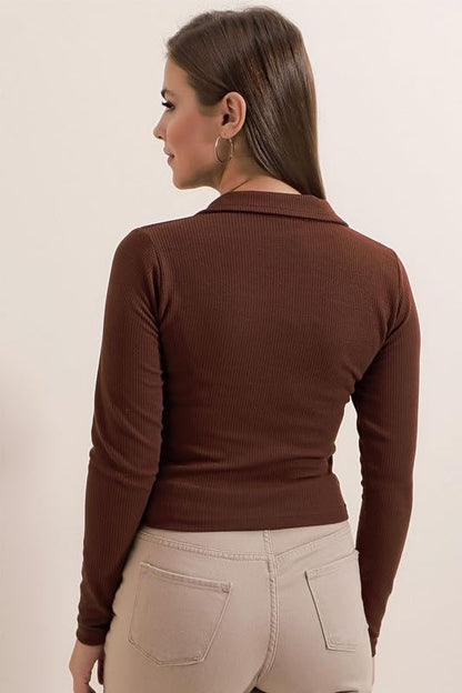 Dream Beauty Fashion Women's Polyester Collared Neck Long Sleeve Slim Fit Casual Tee Top, 23" Inches (Apple-01-Coffe Brown-Xl) : Amazon.in: Clothing & Accessories