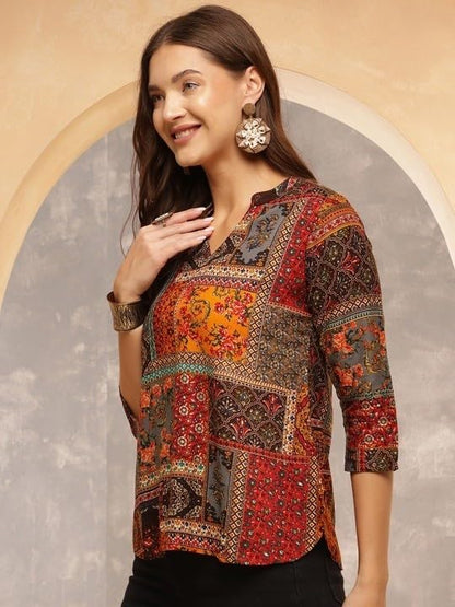 Buy BELLATELA BT Women's Short Kurti in TopsTunic Rayon Cotton Blend | Ladies Ethnic Tunic (in, Alpha, M, Regular, Slim Girls, Kesar-Multicolor) at Amazon.in