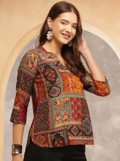 Buy BELLATELA BT Women's Short Kurti in TopsTunic Rayon Cotton Blend | Ladies Ethnic Tunic (in, Alpha, M, Regular, Slim Girls, Kesar-Multicolor) at Amazon.in