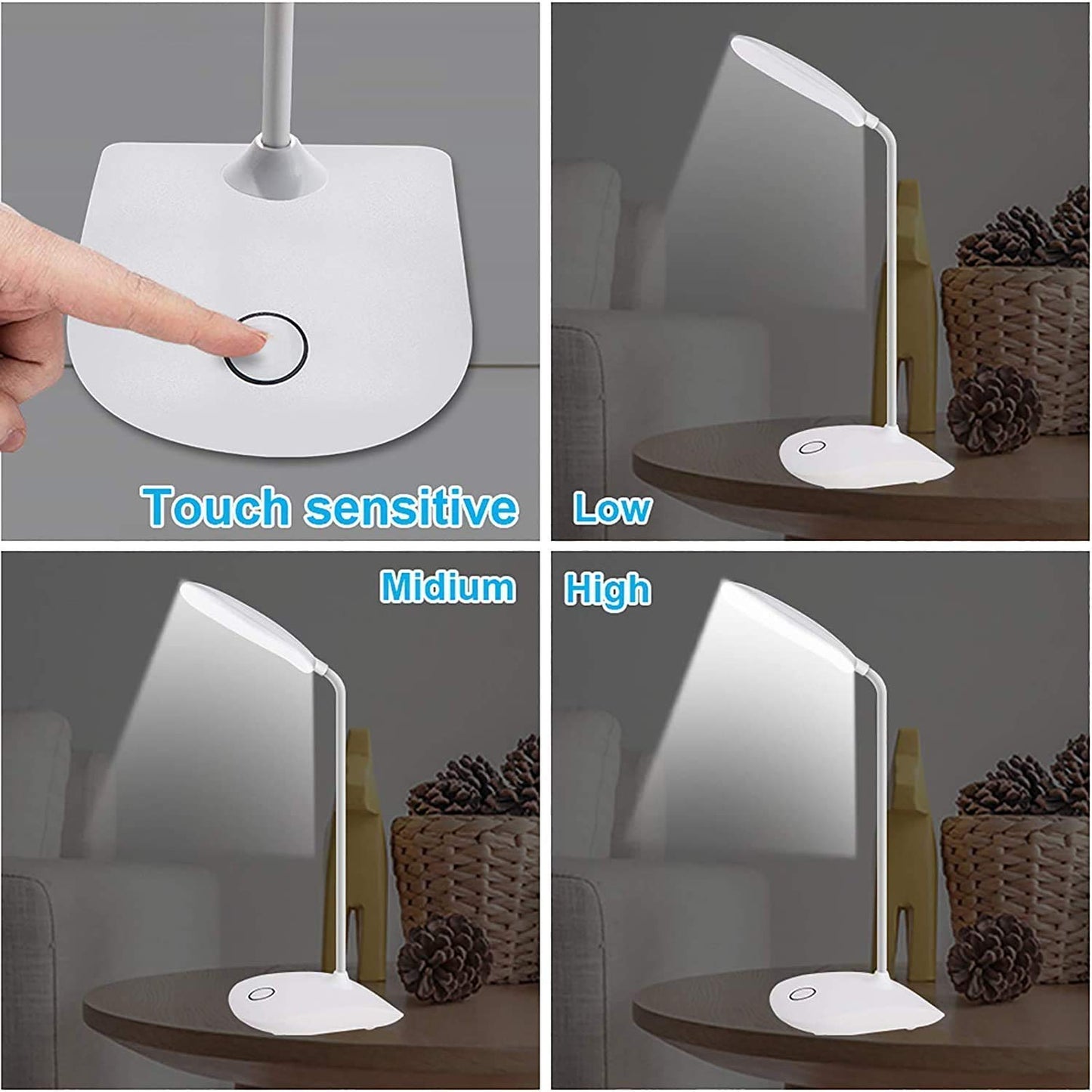 Touch LED Table Lamp With USB Cable – Adjustable Height Bedside Night Light with Polished Finish for Bedroom (Random color)