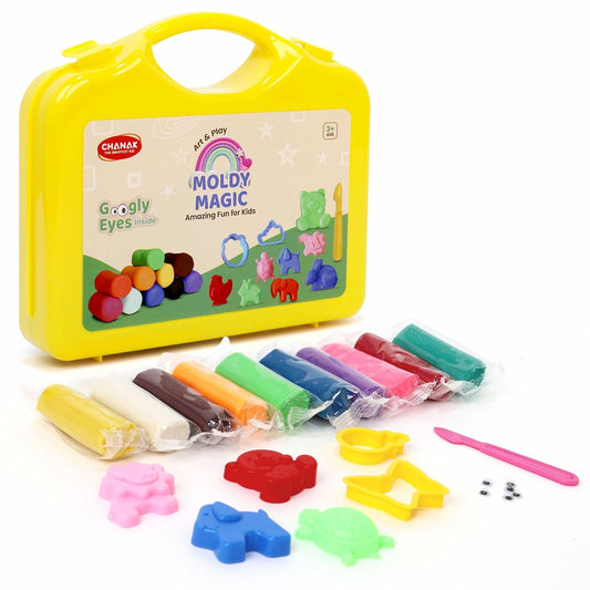 Chanak Moldy Magic Creative Art & Craft Playdough with Foldable Suitcase, Air Dry Clay for Toddlers & Kids Age 3+, Includes 10 Colorful Dough 25gm Each & 13 Sculpting Tools, Non Toxic & Non Sticky