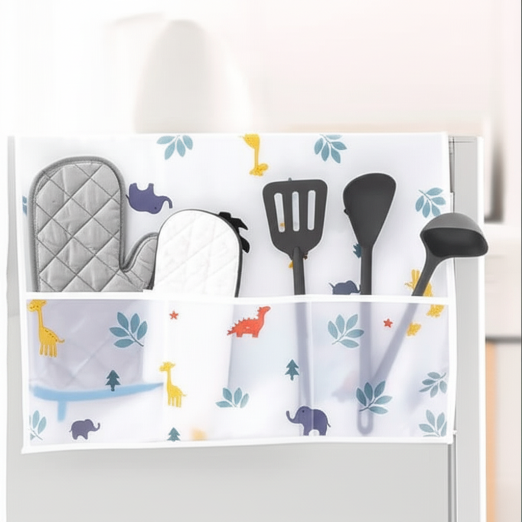 Transparent Waterproof Fridge Cover with Storage Pockets – Dust-Proof Refrigerator Top Cover (Random Print- Pack of 1)