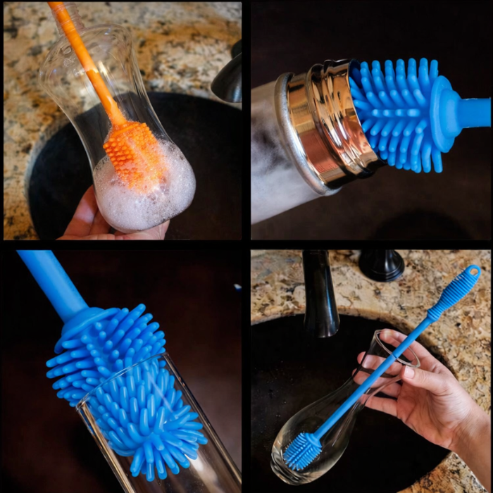 Silicone Bottle Cleaning Brush with Long Handle – Flexible, Non-Scratch Brush for Baby Bottles, Water Bottles, Containers, Vases & Glasses (Random Color-Pack of 1)